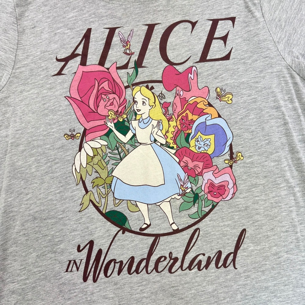 Disney Alice in Wonderland Graphic T-Shirt Gray Women Flowers Short Sleeve Large - Picture 2 of 4
